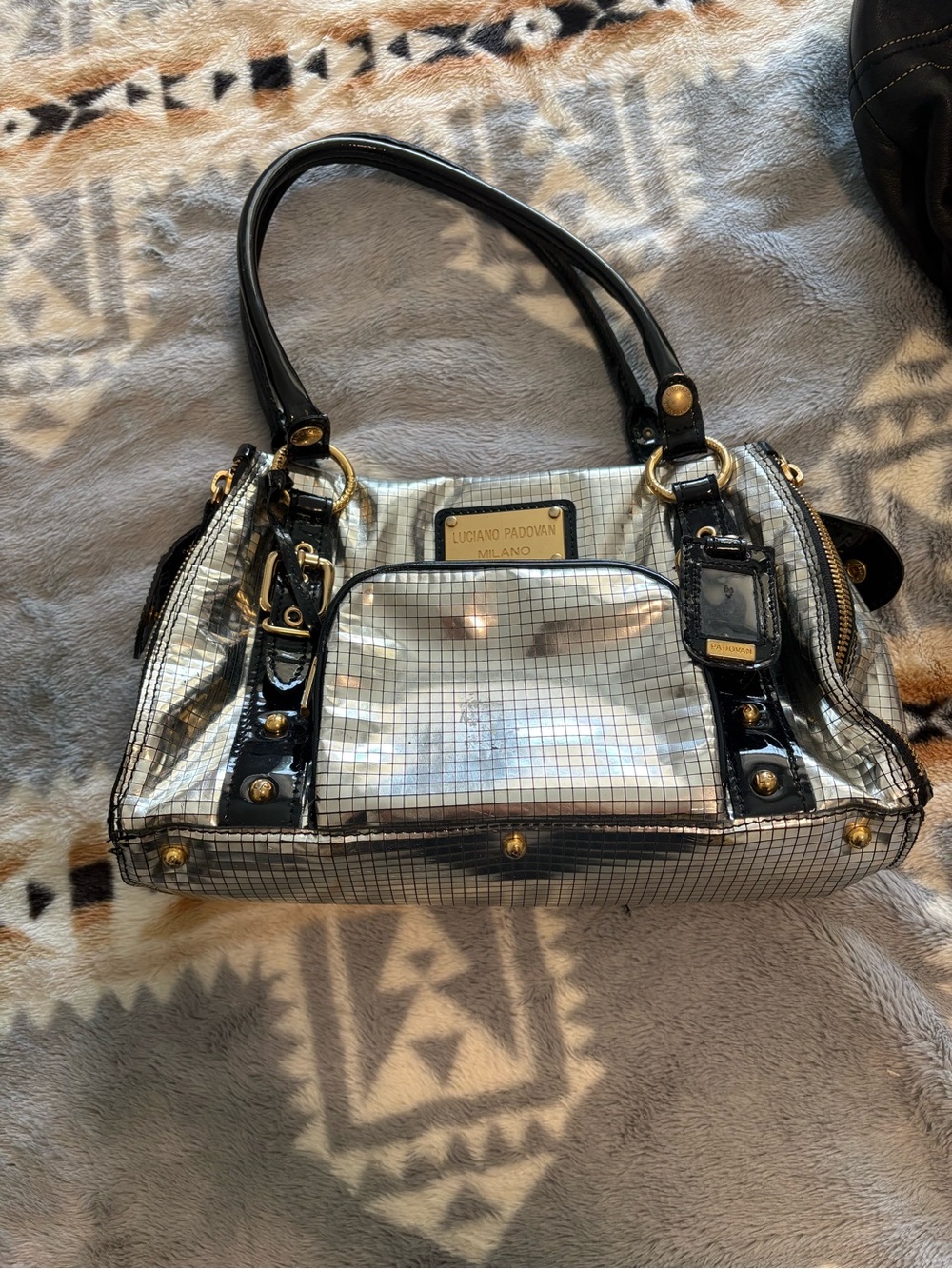 Luciano Padovan Metallic Silver Shoulder Bag with Black Trim